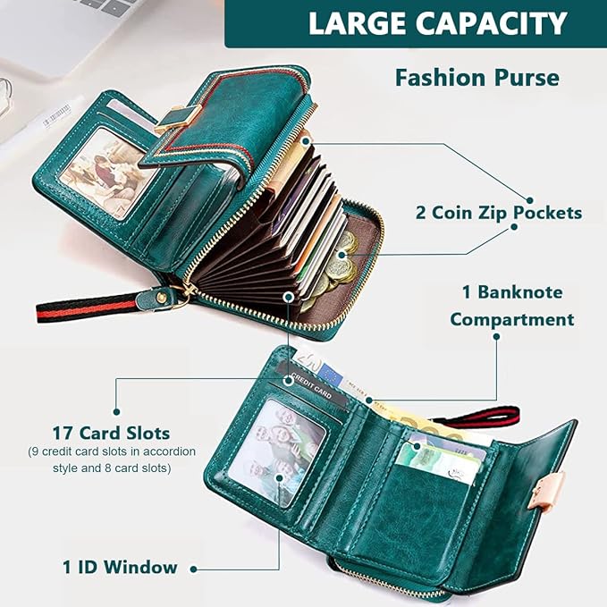 PALAY® Women Wallet Bi-fold Leather Wallet for Women Turquoise Vintage Women Wallet Card Bag Large Capacity Safe Wallet with RFID Blocking Wallet - Mytrendzcart