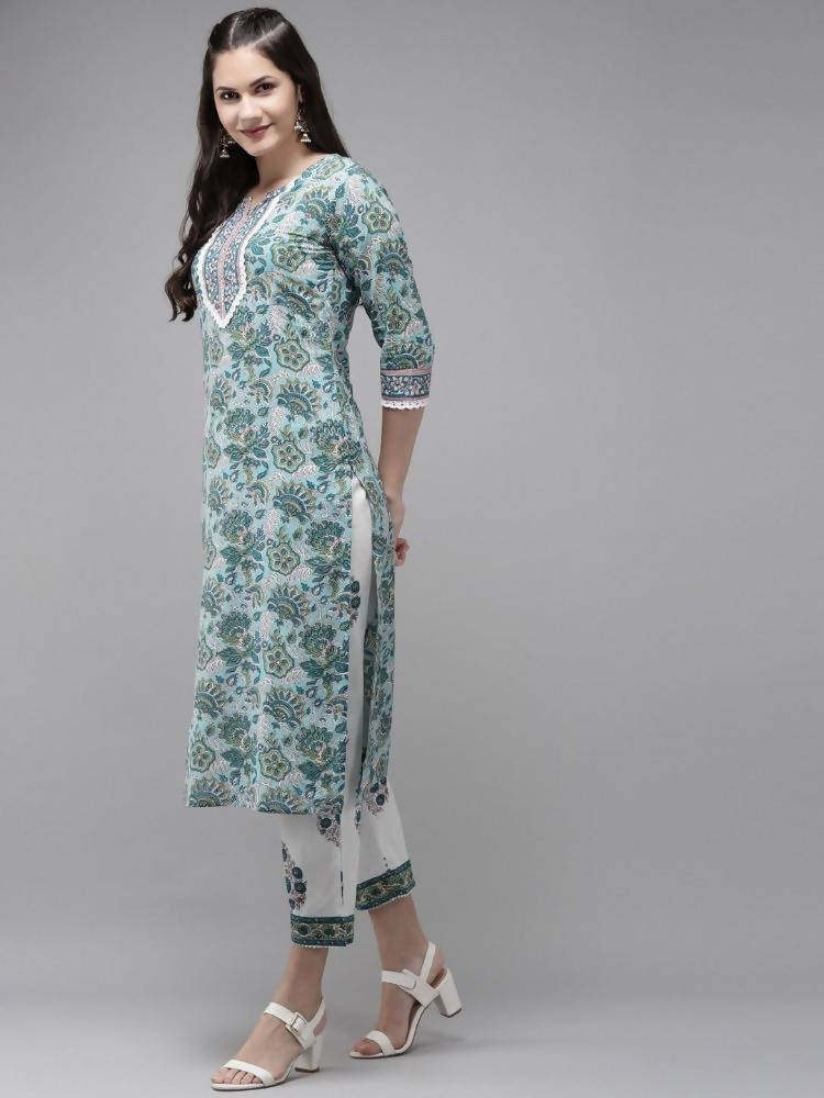 Yufta Green Hand Block Printed Kurta with Trouser and Dupatta -S Mytrendzcart