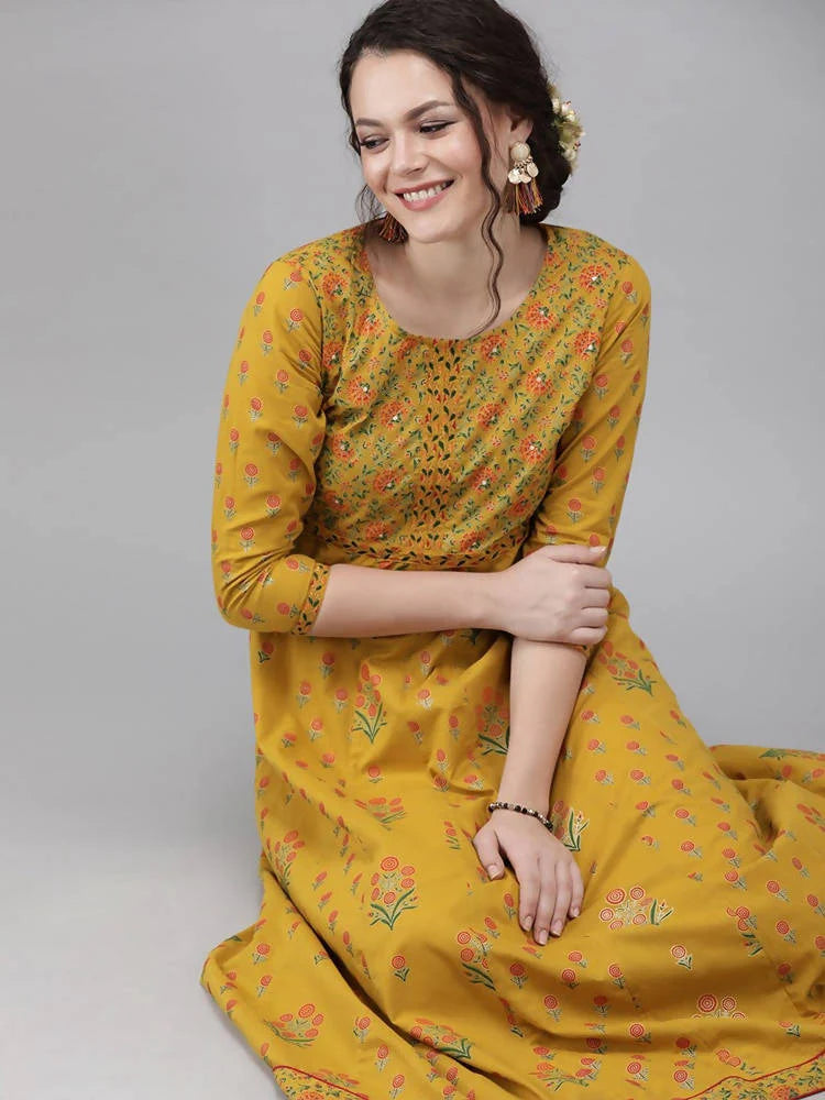 Yufta Women Mustard Yellow & Green Printed A-Line Panelled Kurta -XXL Mytrendzcart