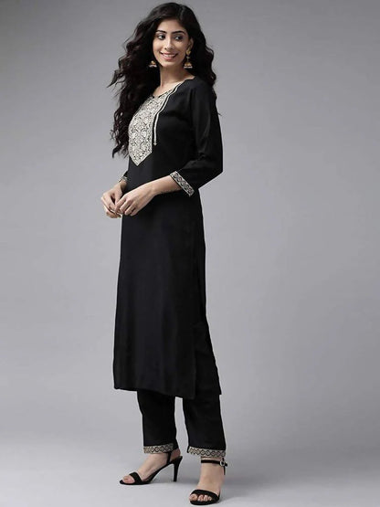 Yufta Women Black & Beige Yoke Design Kurta with Trouser & Dupatta -L Mytrendzcart