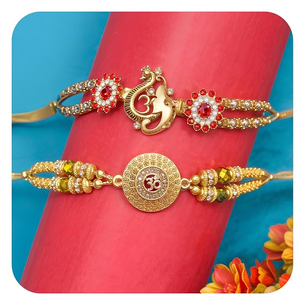 TIED RIBBONS Rakhi for Brother Set of 2 - Premium Om Ganesh Rakhi for Brother Men Bhaiya Kids Boys with Tikka and Greeting Card - Bracelet Rakhi for Brother