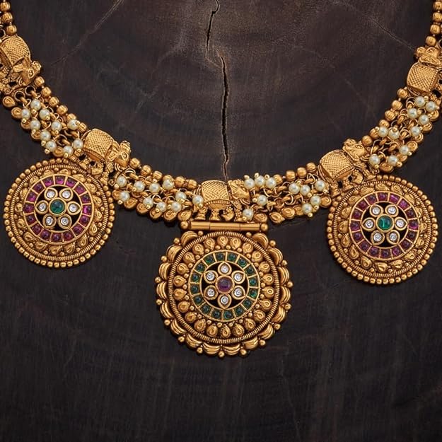 Fashion Jewellery Ruby-Green Gold Plated Ethnic Antique Necklace Set - 409891 Mytrendzcart