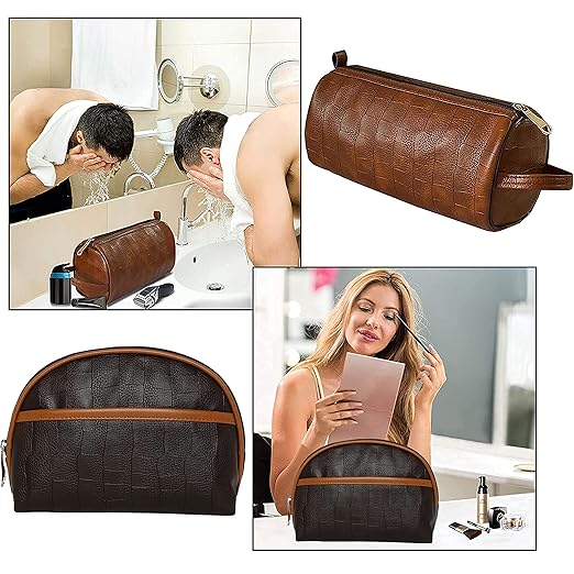 SNDIA 2-Set PU Leather Toiletry Travel Bags for Men and Women, Shaving Kit Bag, Makeup Cosmetic Pouch for Women and Men (Him & Her) Brown (18CM x 23CM x 7CM) - (24 CM x 15CM x 10CM) - Mytrendzcart