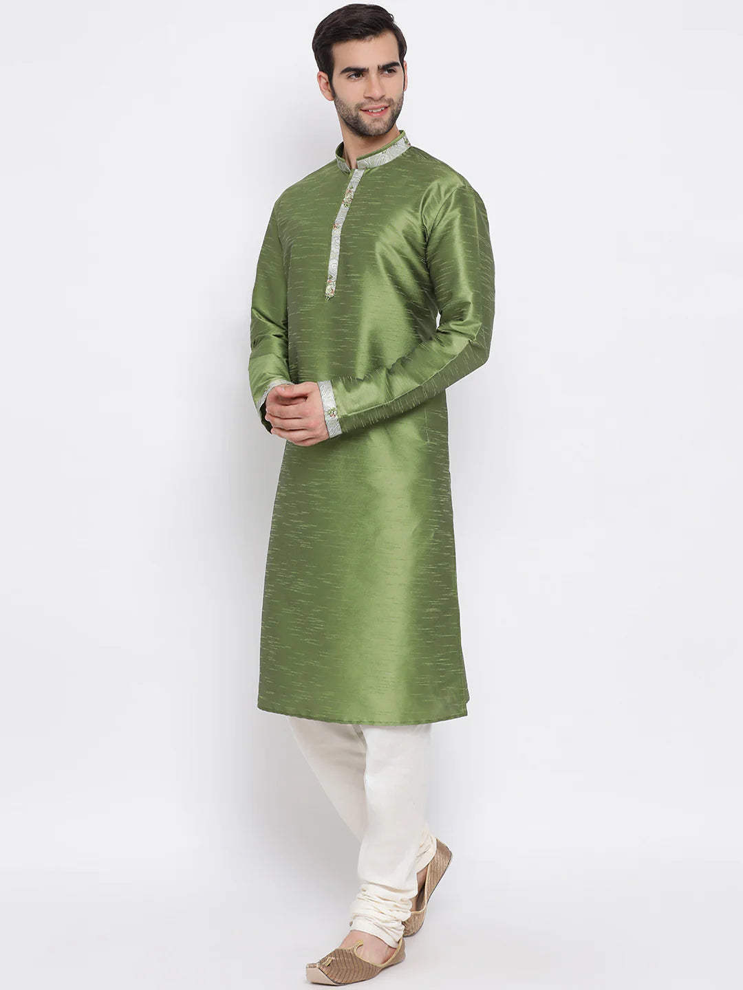 Vastramay Men's Green Cotton Silk Jacket, Kurta and Pyjama Set -36 Mytrendzcart