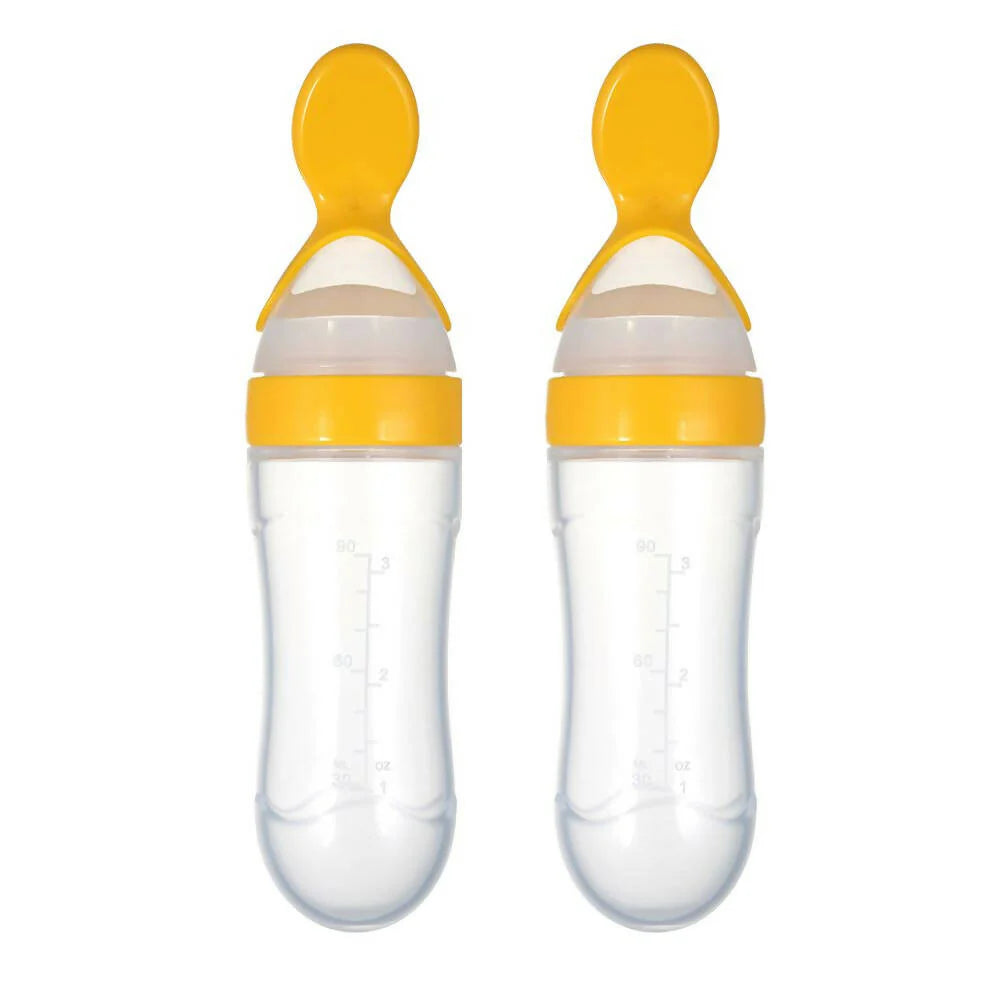 Safe-O-Kid Easy Set of 2 Squeezy Silicone Food Feeder Spoon (Soft Tip) Bottle- Yellow- 90mL Mytrendzcart