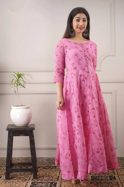 Partywear Designer Hand Screen and Foil Print pink Pure chanderi Gown - Anbazaar -M(38) Mytrendzcart