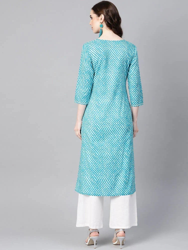 Yufta Women Blue & Off-White Leheriya Dyed Straight Kurta -M Mytrendzcart