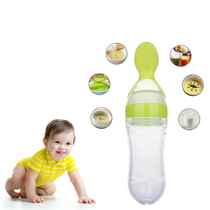 Safe-O-Kid Easy Set of 2 Squeezy Silicone Food Feeder Spoon (Soft Tip) Bottle- Green- 90mL Mytrendzcart