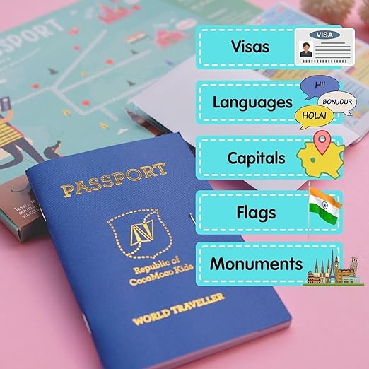 CocoMoco Kids Pretend Play Passport With World Map And Stickers Educational Learning Toy For Boys Girls - Unique Birthday Return Gift For Kids Combo Pack Of 10,Multicolor Mytrendzcart