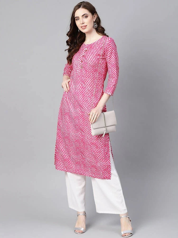 Yufta Women Pink & White Leheriya Print Straight Kurta -S Mytrendzcart