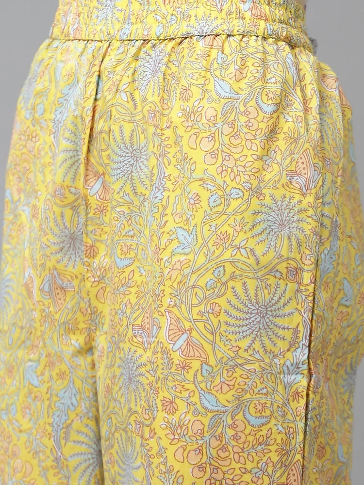 Yufta Yellow and Blue printed kurta with Trouser and Dupatta -M Mytrendzcart