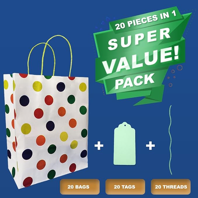 Suffix Retail ® - (Pack of 20) Polka Dots Paper Bags for Return Gifts with Gift Tags & Threads/Gift Bags For Corporate Events (12X8.7X3 inches) | Party Favor Bags for Kids Birthday - 100GSM Mytrendzcart