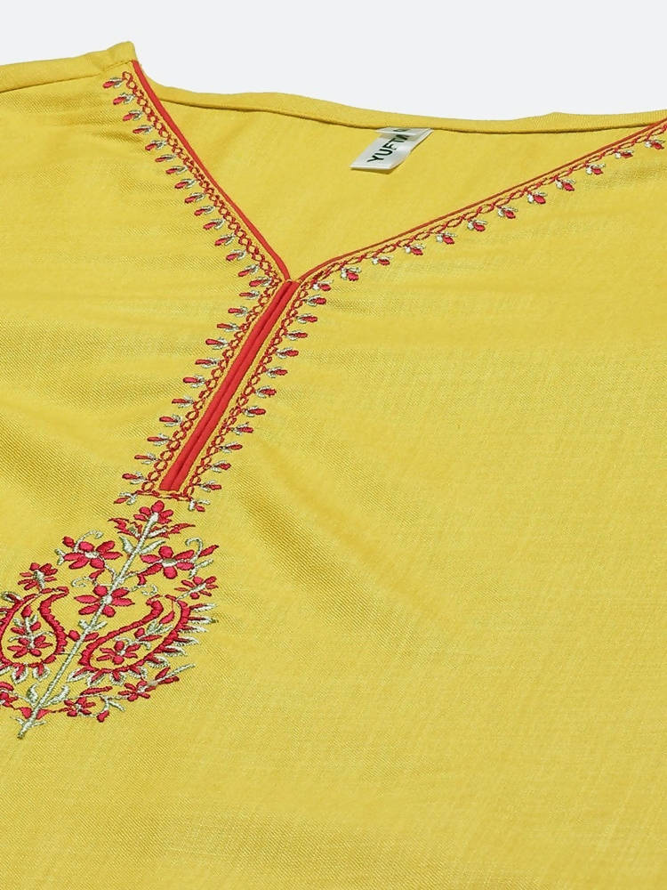 Yufta Women Mustard Yellow Layered Thread Work Kurta with Trouser and Dupatta Mytrendzcart