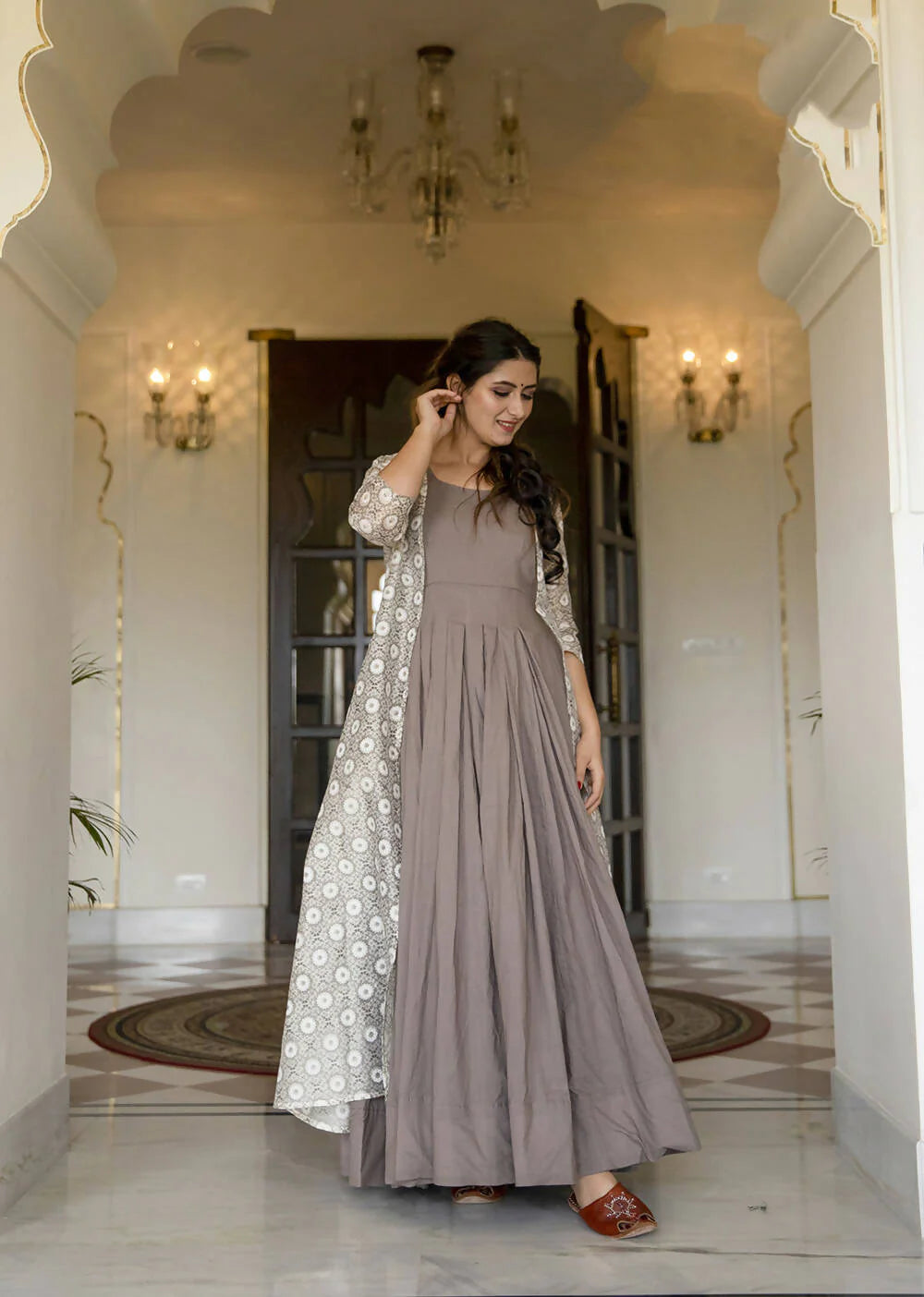 Partywear Designer Digital print Grey Maslin Gown - Anbazaar -M(38) Mytrendzcart