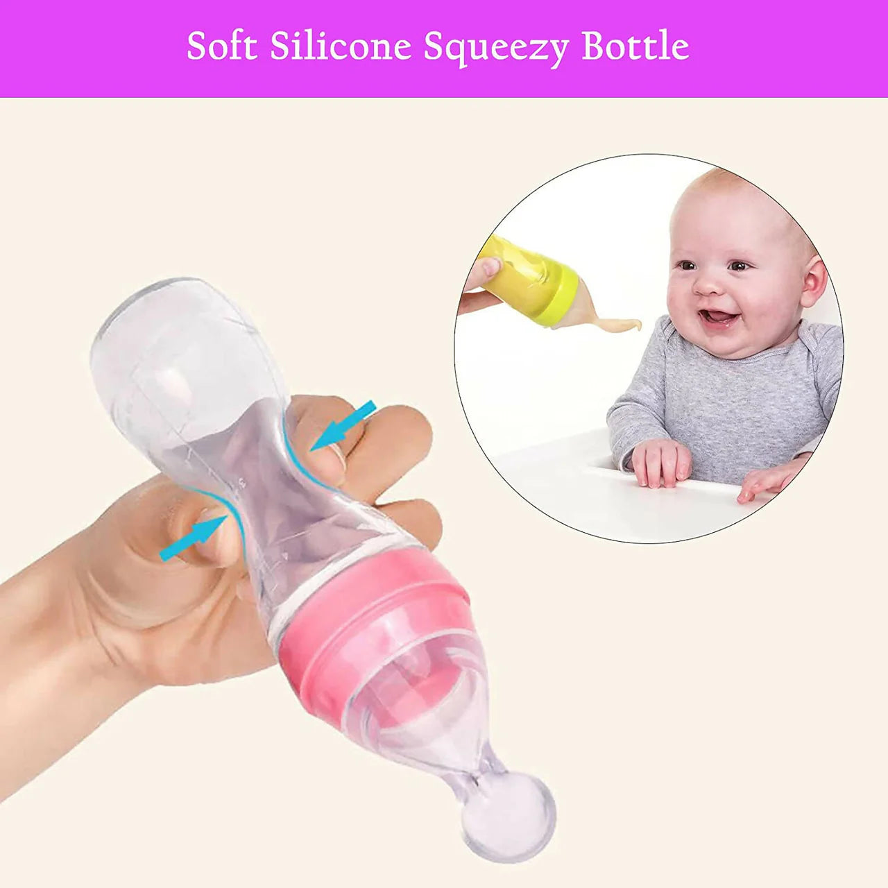 Safe-O-Kid Easy Squeezy Silicone Food Feeder Spoon (Soft Tip) Bottle- Pink- 90mL Mytrendzcart