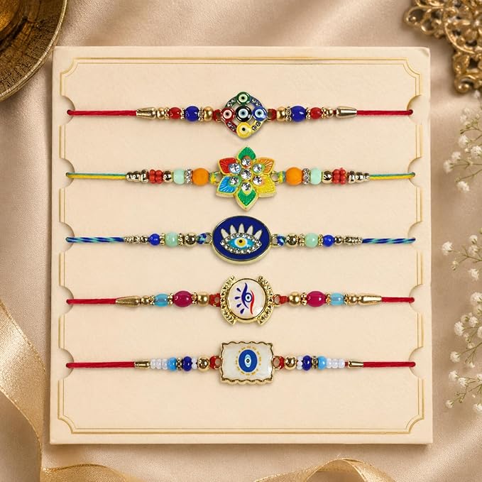 DeoDap Chocolate with Rakhi Combo for Brother – Multicolored Beads Rakhi (5 Pc) with Silver Color Pooja Coin & Greeting Card, Choco Coated Almonds (32 Gm), Raksha Bandhan Celebration Combo for Bhai