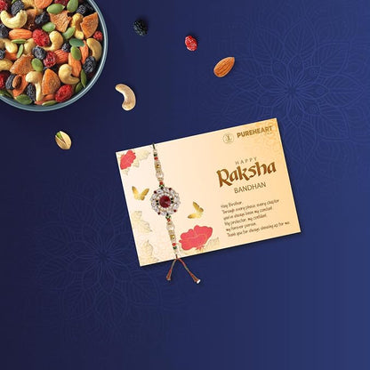 PUREHEART Rakhi Gift Hamper- Vanilla Cashew & Choco Almonds (80g) with Chocolate and Floral Rakhi for Brother, Gift Card, Pooja Rice, Kumkum - Dry Fruits and Nuts Gift