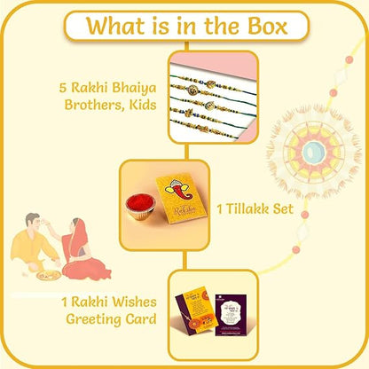 CraftVatika Rakhi Set of 5 for Brother Bhaiya Bhai Kids, Radhe Krishna Rakhis for Brother, Om Ganesha, Rakhis for Rakshabandhan, rakhi set for brother with Card, Ganesh Ji Rakhis Combo for Boy Men Girls
