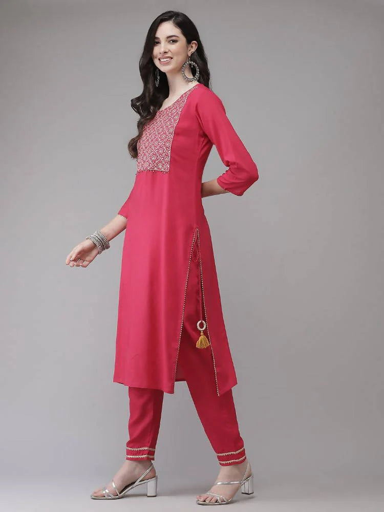 Yufta Women Pink Solid Kurta with Trouser & With Dupatta Mytrendzcart