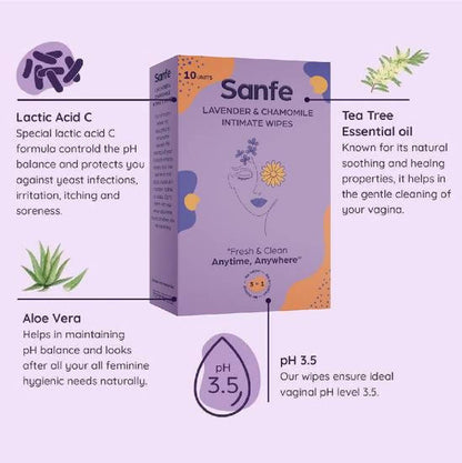 Sanfe 3 In 1 Intimate Wipes -Lavender & Chamomile - 10 Units Mytrendzcart