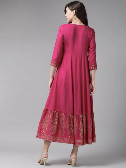 Yufta Magenta Ethnic Motifs Ethnic Maxi Dress -M Mytrendzcart