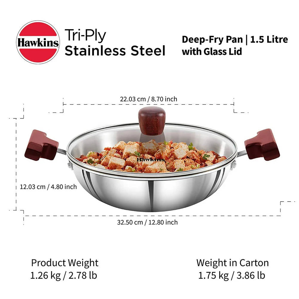 Hawkins Tri-Ply Stainless Steel Deep-Fry Pan with Glass Lid Silver (SSD15G) -1.5 L Mytrendzcart