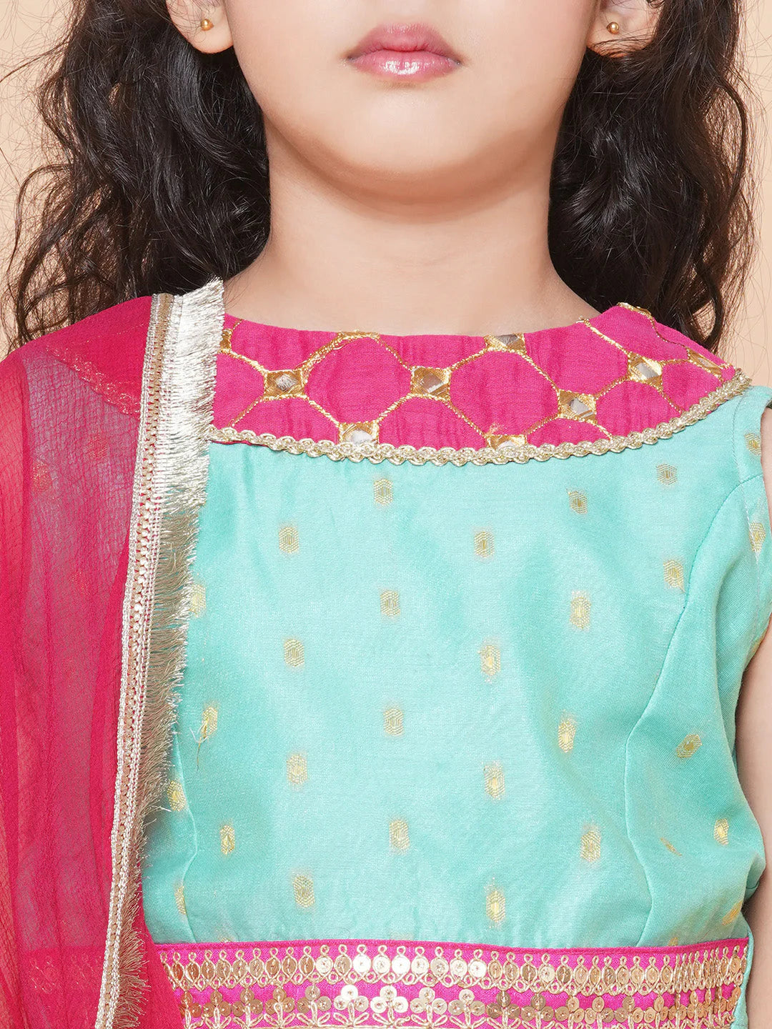 Girls Pink Green Multi printed lehenga with Pink Embroiderd Choli with Pink Dupatta for Kids - Bhama -3-4Y Mytrendzcart