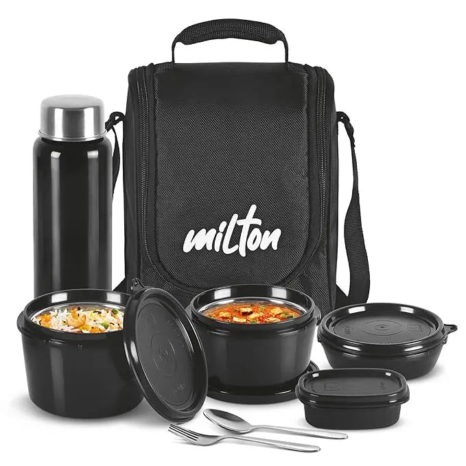 Milton Pro Lunch Tiffin (3 Microwave Safe Inner Steel Containers, 180/320/450 ml; 1 Plastic Chutney Dabba,100 ml; 1 Aqua Steel Bottle, 750 ml, Steel Spoon and Fork) With Insulated Fabric Jacket, Black - Mytrendzcart