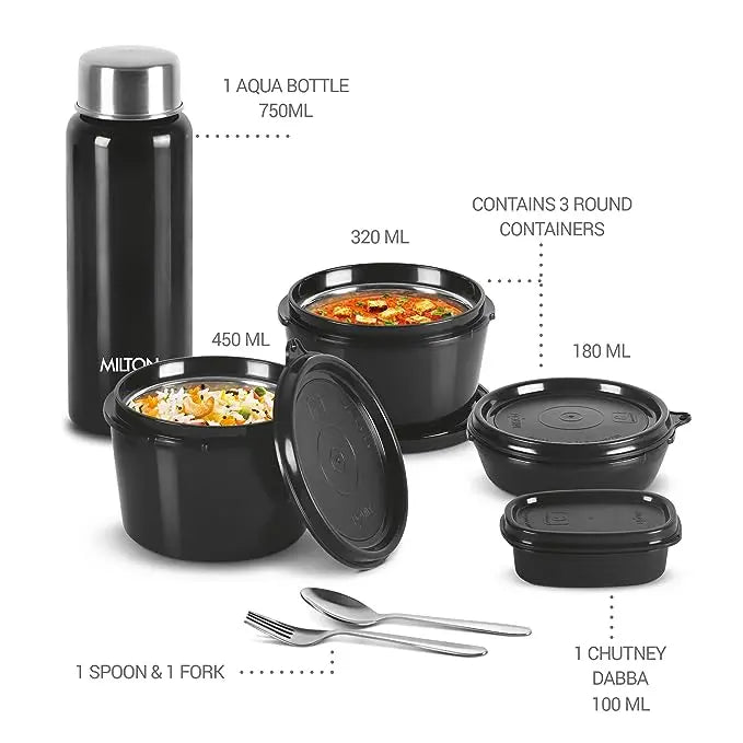 Milton Pro Lunch Tiffin (3 Microwave Safe Inner Steel Containers, 180/320/450 ml; 1 Plastic Chutney Dabba,100 ml; 1 Aqua Steel Bottle, 750 ml, Steel Spoon and Fork) With Insulated Fabric Jacket, Black - Mytrendzcart