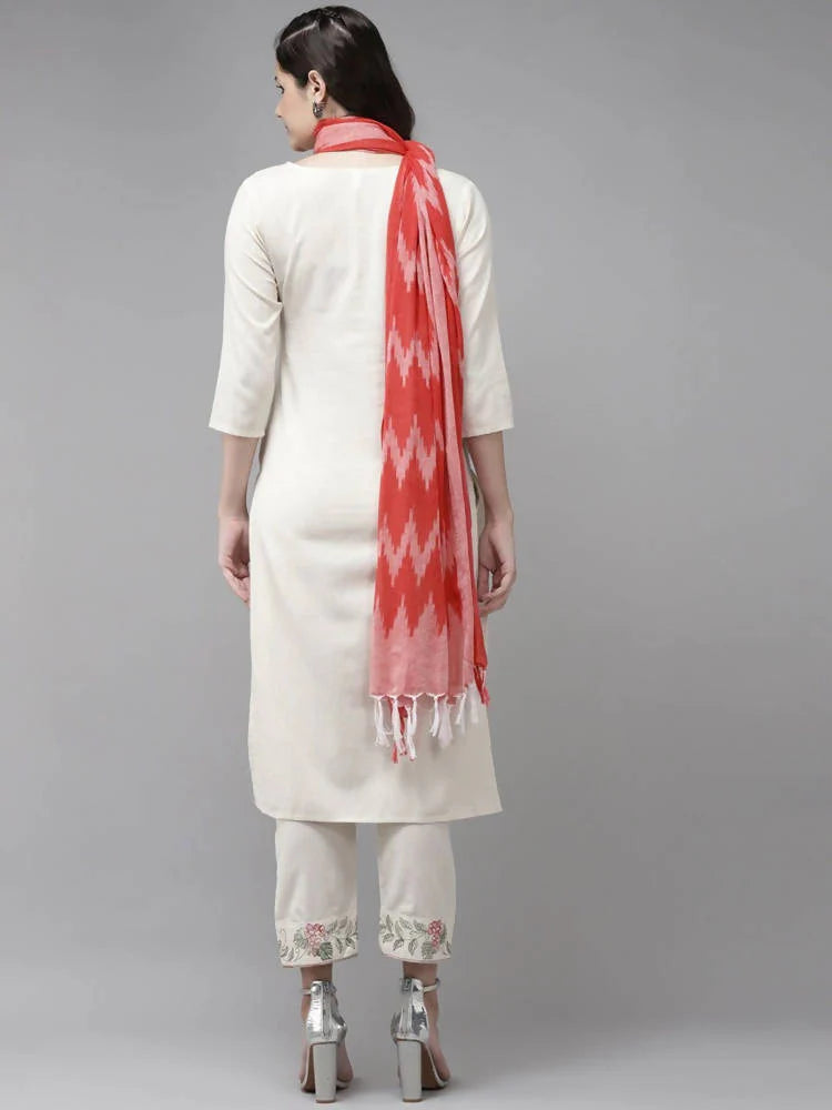 Yufta Women White Ethnic Motifs Printed Thread Work Kurta with Trouser & With Dupatta -XXL Mytrendzcart