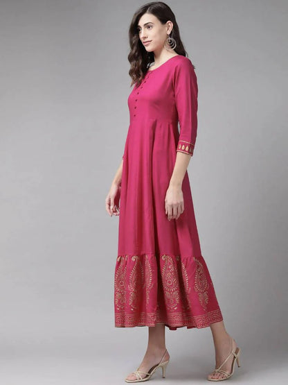 Yufta Magenta Ethnic Motifs Ethnic Maxi Dress -M Mytrendzcart