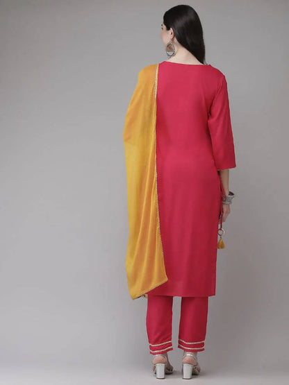 Yufta Women Pink Solid Kurta with Trouser & With Dupatta Mytrendzcart