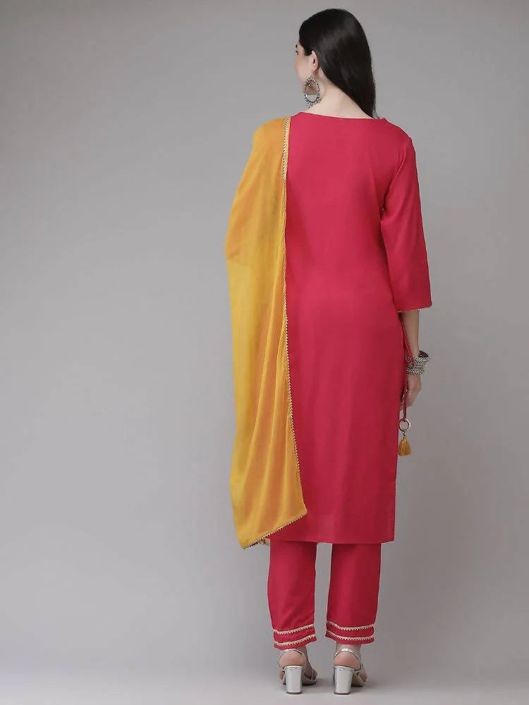 Yufta Women Pink Solid Kurta with Trouser & With Dupatta Mytrendzcart