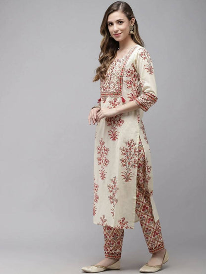 Yufta Women Off White printed Kurta with Trouser & With Dupatta -S Mytrendzcart