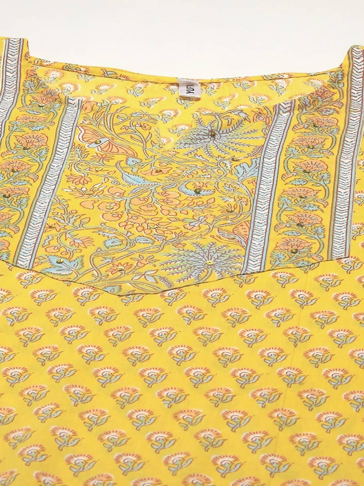 Yufta Yellow and Blue printed kurta with Trouser and Dupatta -M Mytrendzcart