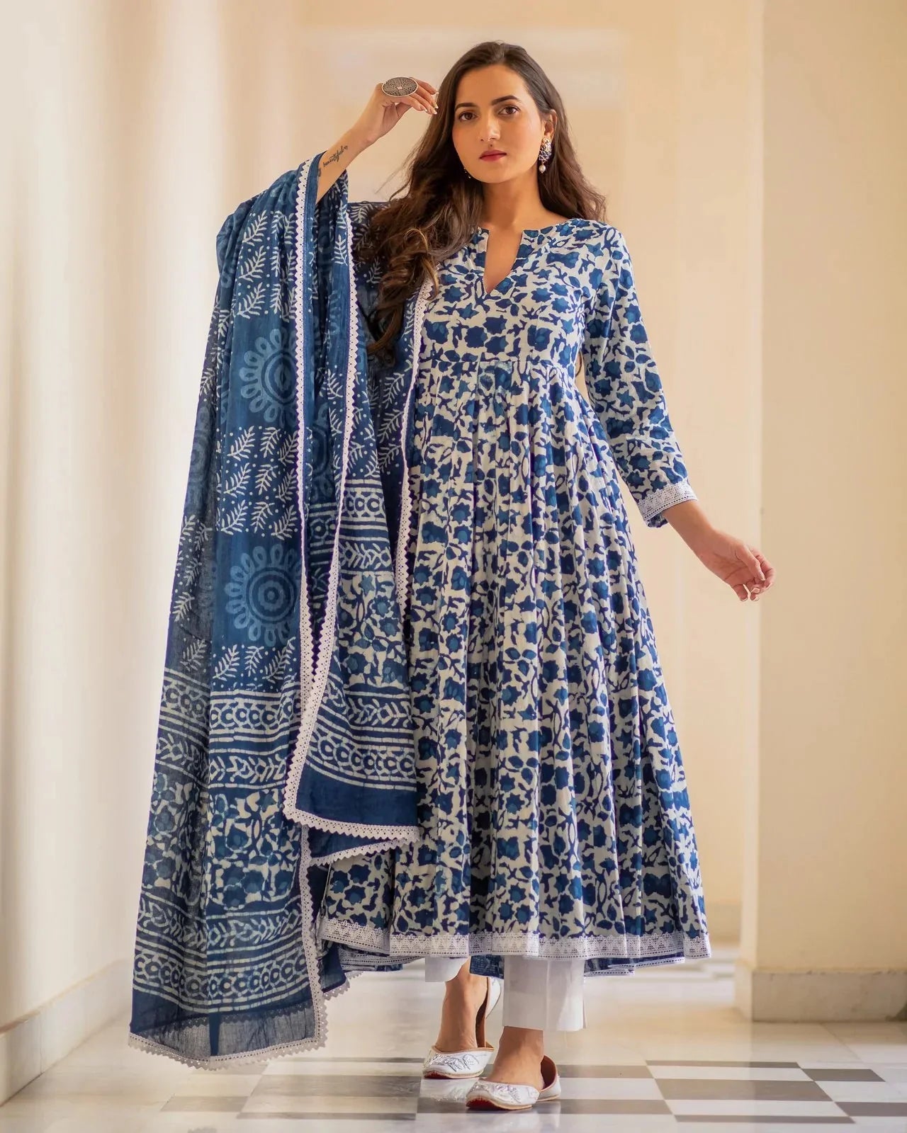 Indian Clothing Malishka Women's Blue Cotton Flared Floral Printed Salwar Suit Set - Blue -S Mytrendzcart