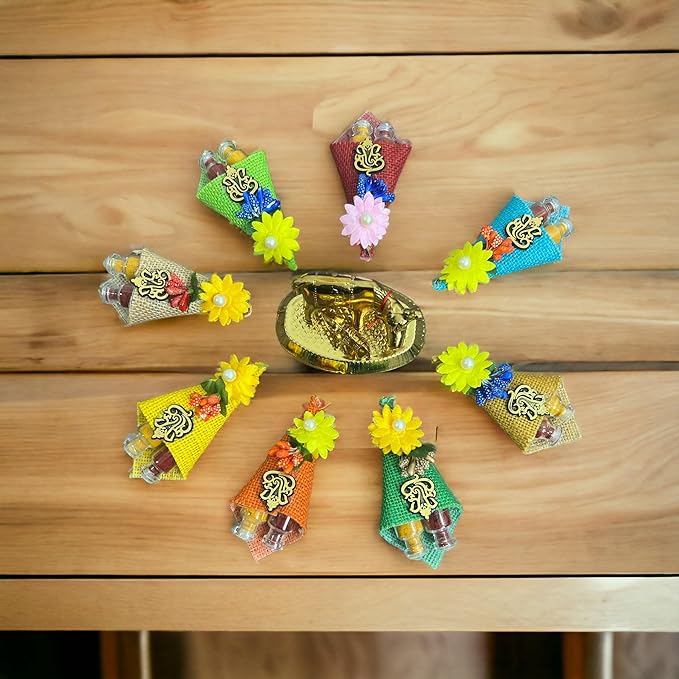 Handmade Bouquet Shape with Ganesh Ji and pasupu(Haldi)&kumkum Ethnic Latest tamboolam Return Gifts 3 * 2inches (20 pcs(mixcolor)) Mytrendzcart