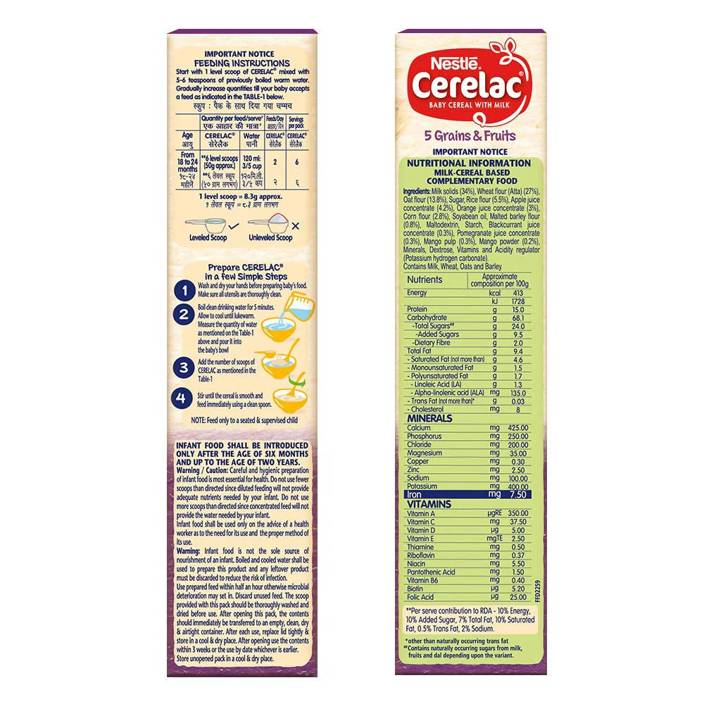 Nestle Cerelac Baby Cereal with Milk, 5 Grains & Fruits ? From 18 to 24 Months -300 gm Mytrendzcart