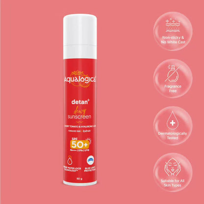 Aqualogica Detan + Dewy Sunscreen With Cherry Tomato & Hyaluronic Acid, SPF 50+ & PA++++ -50 gm Mytrendzcart