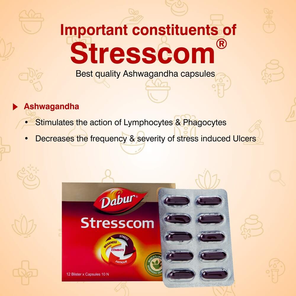 Dabur Stresscom Ashwagandha 12 Strips X 10 Capsules -Pack of 1 Mytrendzcart