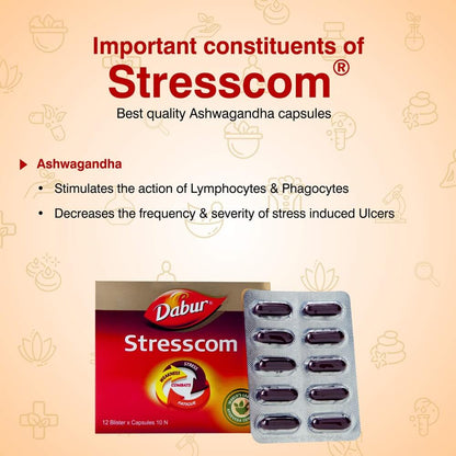 Dabur Stresscom Ashwagandha 12 Strips X 10 Capsules -Pack of 1 Mytrendzcart