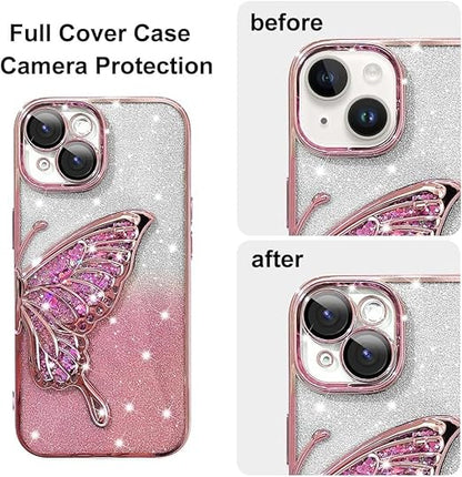 Mobistyle Designed For Iphone 14 Cover With Luxury Glitter Cute Butterfly Plating Design Aesthetic Women Teen Girls Back Cover Cases For Iphone 14 (Butterfly |Pink) - Silicone - Mytrendzcart