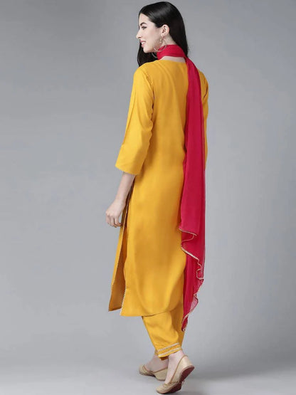 Yufta Women's Mustard Rayon Kurti With Pant Dupatta Set Mytrendzcart