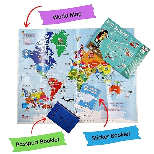 CocoMoco Kids Pretend Play Passport With World Map And Stickers Educational Learning Toy For Boys Girls - Unique Birthday Return Gift For Kids Combo Pack Of 10,Multicolor Mytrendzcart