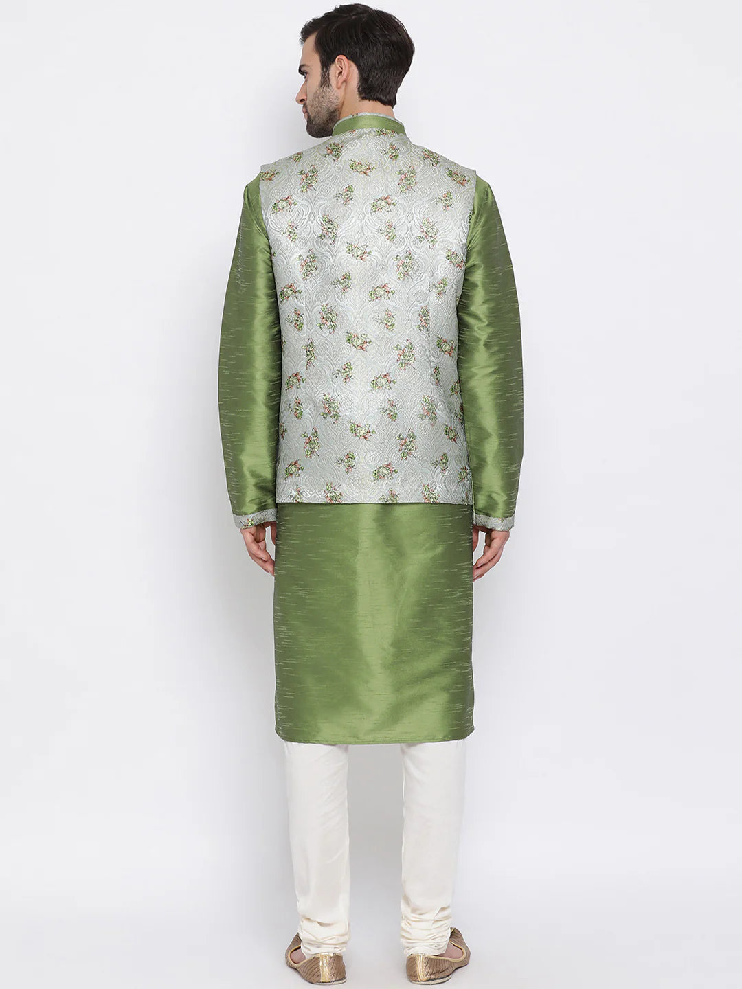 Vastramay Men's Green Cotton Silk Jacket, Kurta and Pyjama Set -36 Mytrendzcart