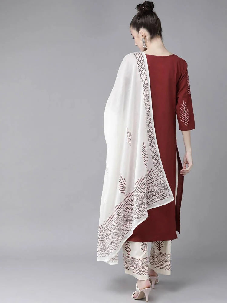 Yufta Maroon & Off White Embroidered Dupatta Set -S Mytrendzcart