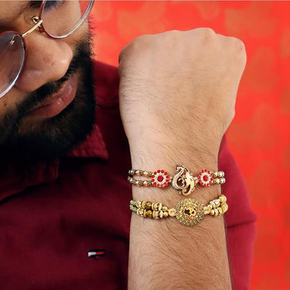 TIED RIBBONS Rakhi for Brother Set of 2 - Premium Om Ganesh Rakhi for Brother Men Bhaiya Kids Boys with Tikka and Greeting Card - Bracelet Rakhi for Brother