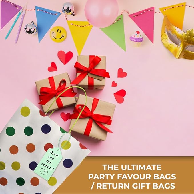 Suffix Retail ® - (Pack of 20) Polka Dots Paper Bags for Return Gifts with Gift Tags & Threads/Gift Bags For Corporate Events (12X8.7X3 inches) | Party Favor Bags for Kids Birthday - 100GSM Mytrendzcart