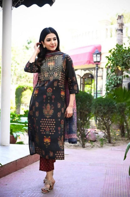 Yufta Women Black & Burgundy Printed Kurta & Trouser with Dupatta -M Mytrendzcart