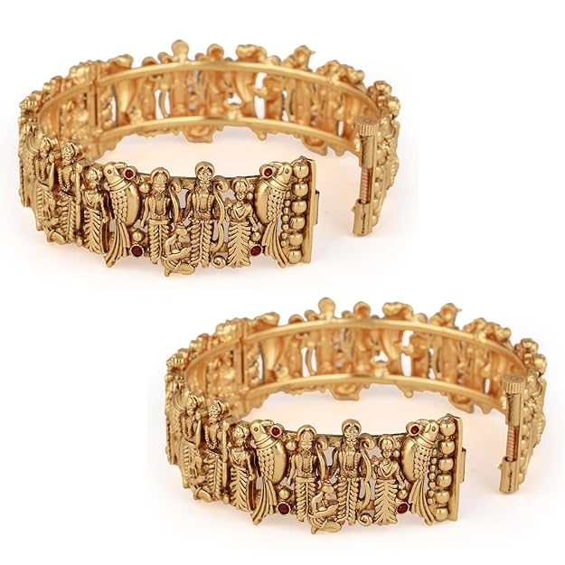 Shining Diva Fashion 18k Gold Plated Lord Ram Sita Bangles for Women | Set of 2 Bangles Set | Latest Stylish Traditional Kada Bangles | Just Like Real Gold Jewellery | Ram Parivar Temple Bangles Mytrendzcart